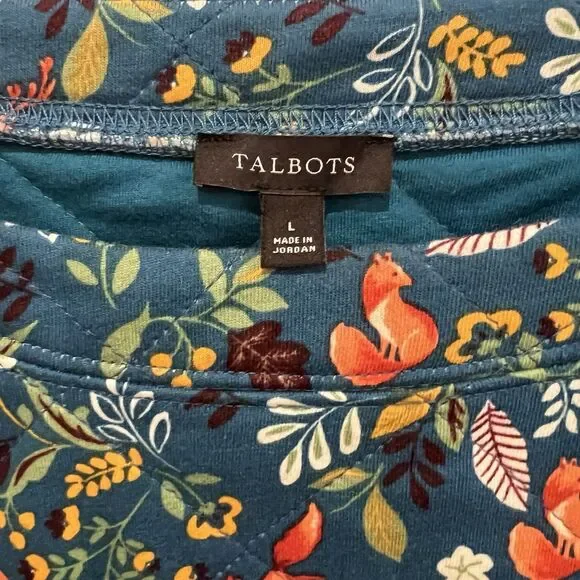 Talbots Woodland Ditsy Animal Print Quilted Sweatshirt Women's Large Blue Fairie - Picture 3 of 10